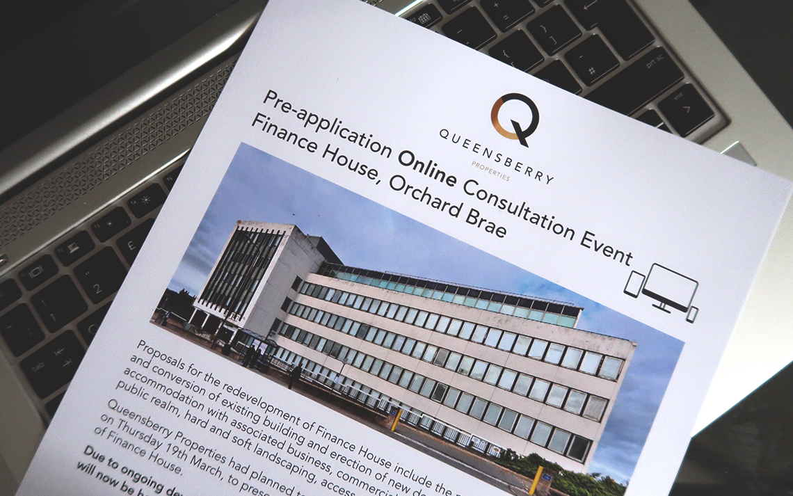 Finance House Online Public Consultation Leaflet, placed on top of a laptop's keyboard