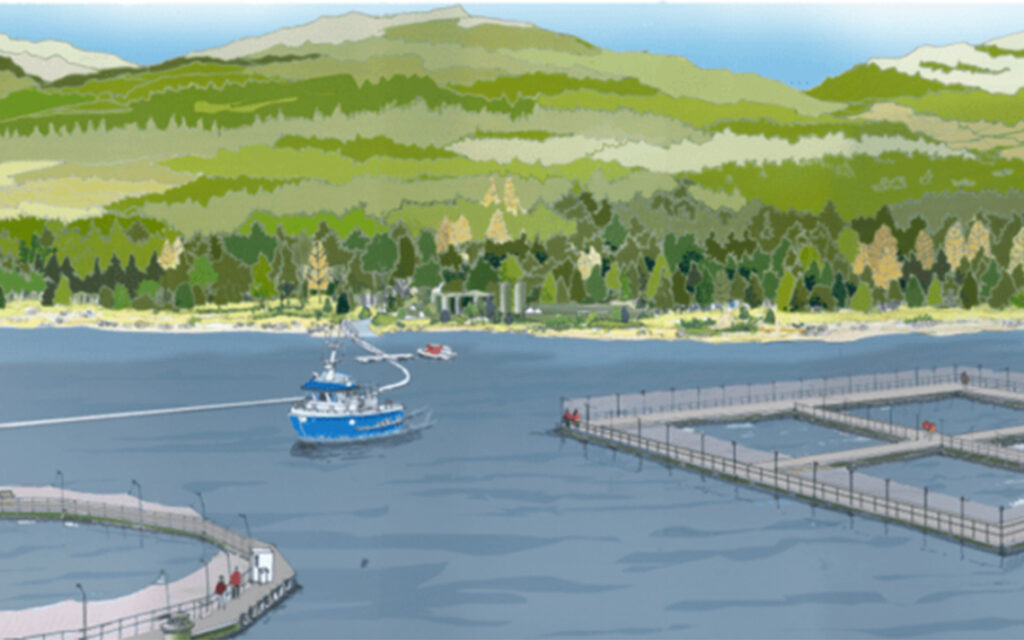 Illustration of semi-closed containment technology salmon farm
