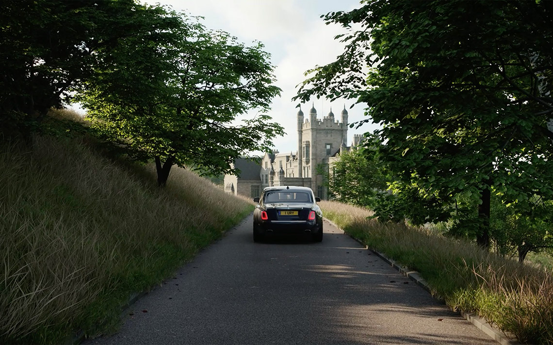 Artist's impression of a car driving towards Ury Castle